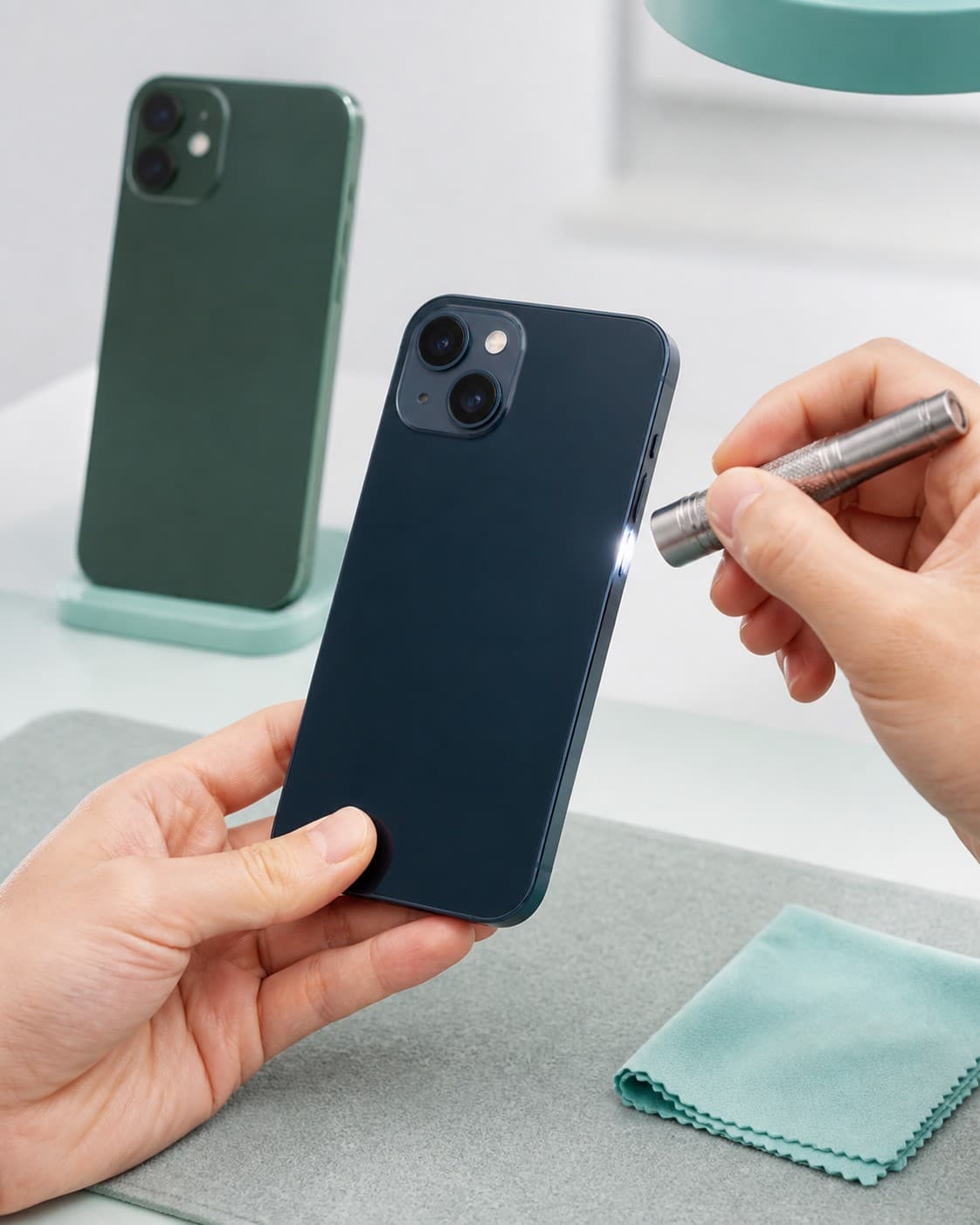 Imagem ilustrativa de inspeção de um smartphone para avaliação de troca